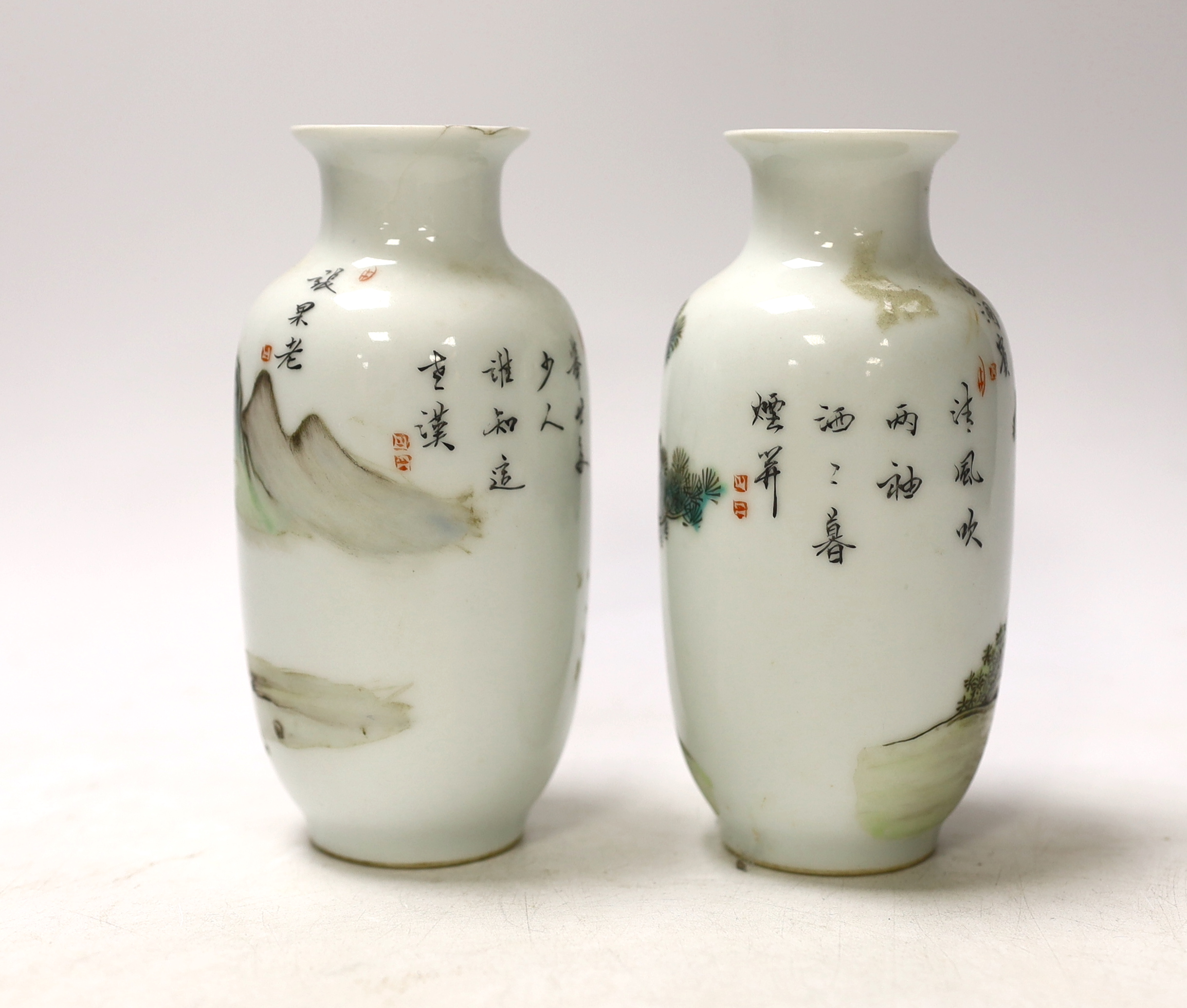 A pair of small Chinese famille verte vases, Qianlong marks but Republic period, depicting Lu Dongbin and Li Tieguai, 13cm